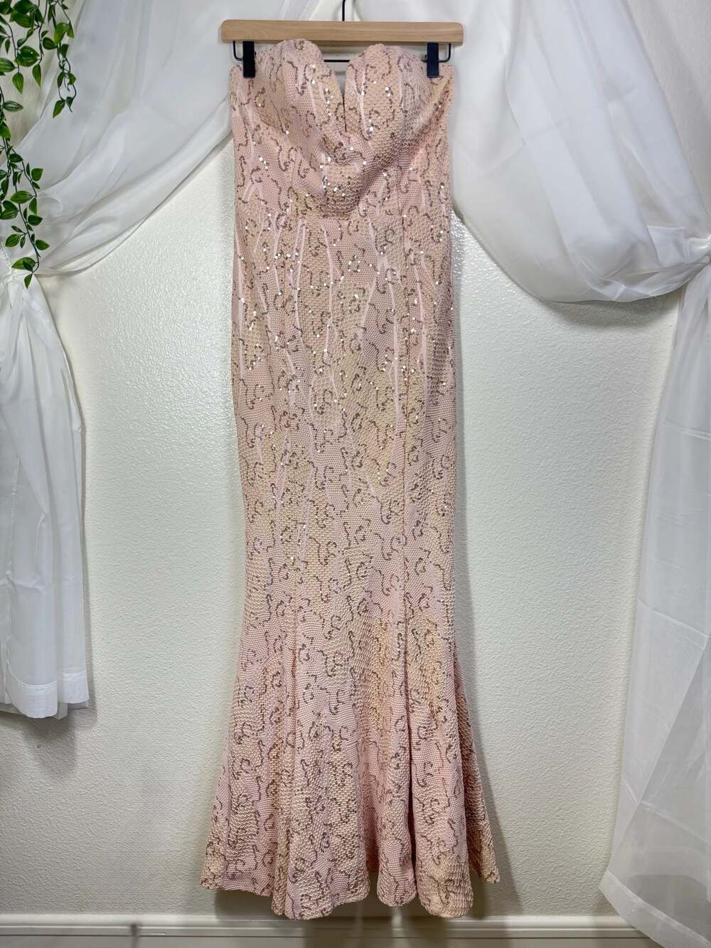 Bailey Blue Blush Pink Sequin Lace Prom Strapless Mermaid Homecoming Gown